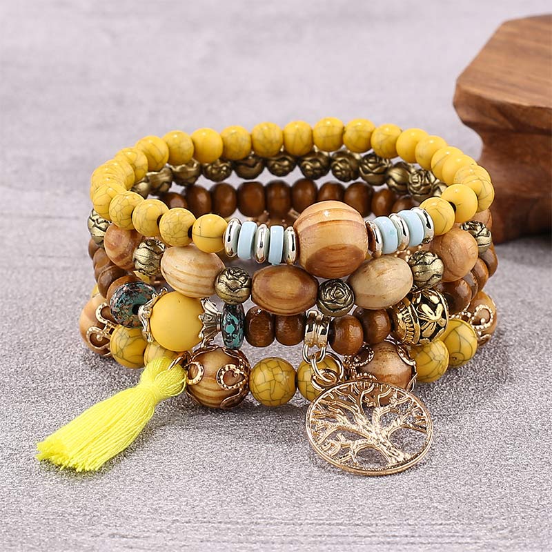 Nimara Ritual Wenge Wood Layered Tree Tassel Healing Bracelet