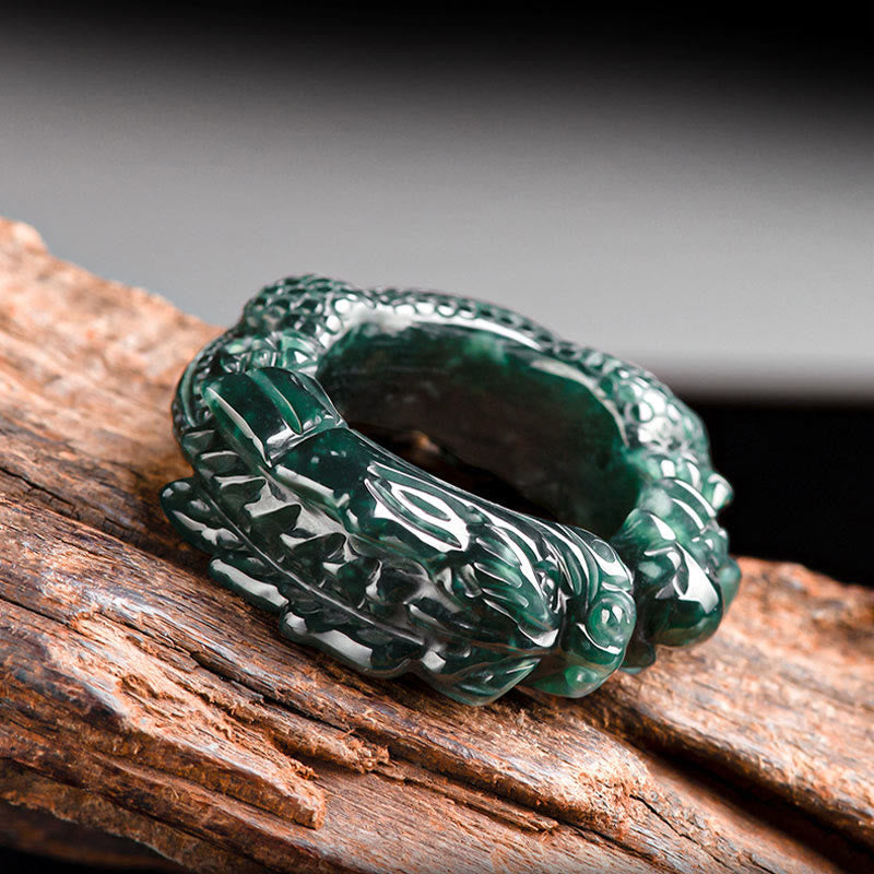 Nimara Ritual Natural Cyan Jade Dragon Carved Success Ring