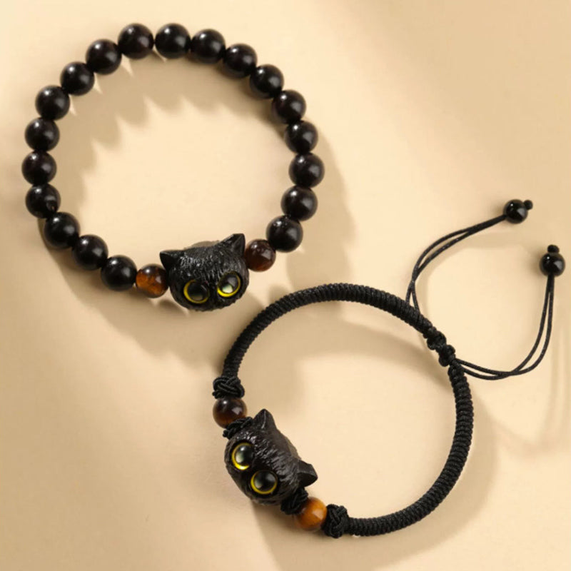 Nimara Ritual Cute Ebony Wood Cat Head Pattern Peace Bracelet