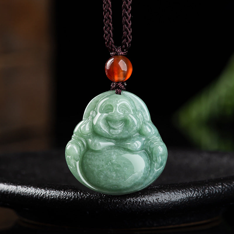Nimara Ritual Laughing Buddha Cyan Jade Success Necklace String Pendant