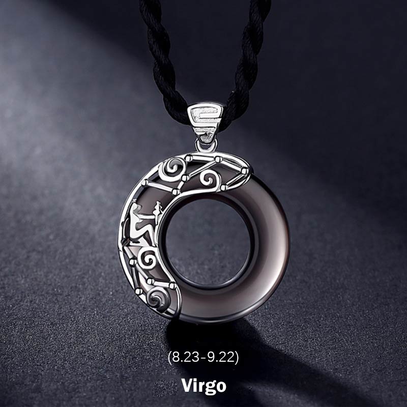 Nimara Ritual 12 Constellations of the Zodiac Ice Obsidian Blessing Round Pendant Necklace