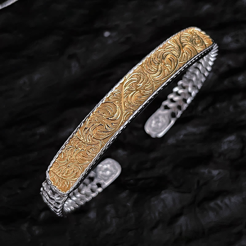 Nimara Ritual Tang Dynasty Flower Design Engraved Copper Luck Cuff Bracelet Bangle Adjustable Ring