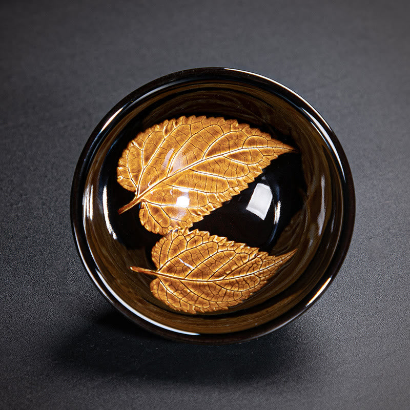 Nimara Ritual Gold Maple Leaf Chinese Jianzhan Ceramic Teacup Tenmoku Kung Fu Tea Cup Bowl