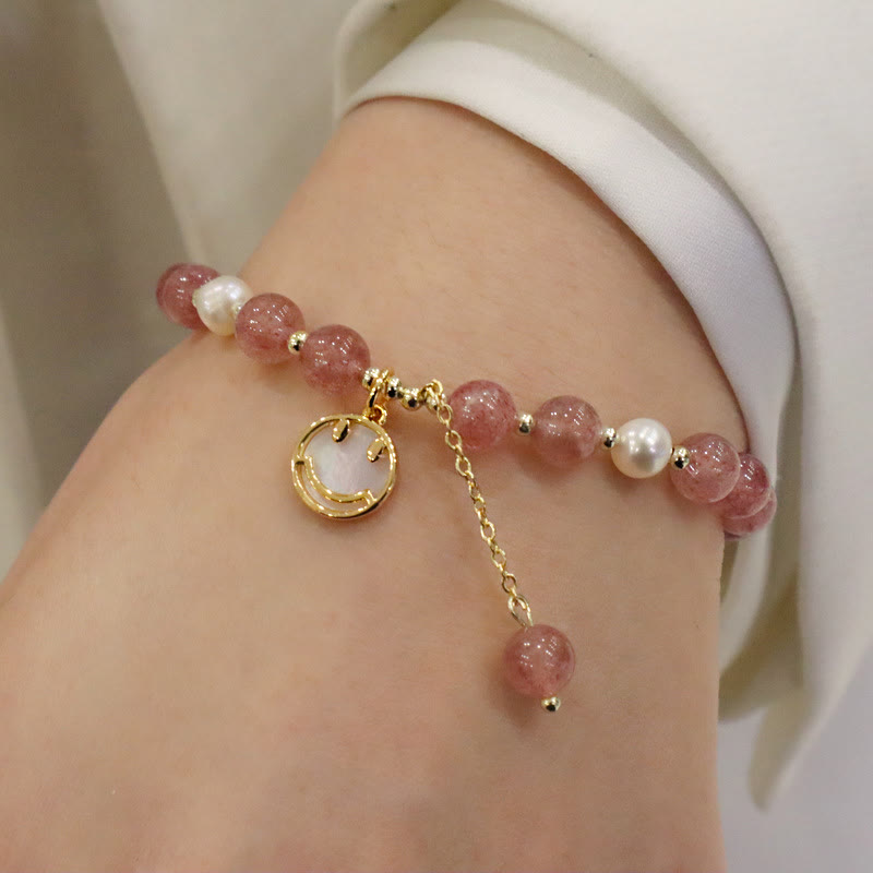 Nimara Ritual Strawberry Quartz Pearl Elk Smiley Face Fishtail Fu Character Charm Healing Bracelet