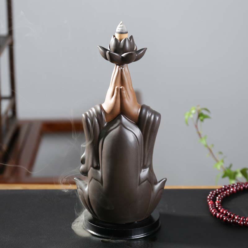Nimara Ritual Buddha Avalokitesvara Chenrezig Ksitigarbha Ceramic Lotus Blessing Backflow Incense Burner
