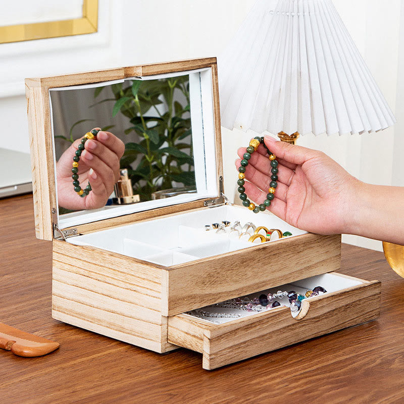 Nimara Ritual Retro Beige Wooden Jewelry Box Two-Layer Jewelry Storage Box With Mirror