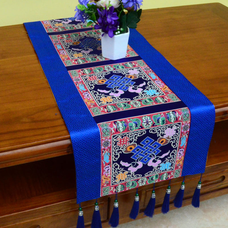 Nimara Ritual Prayer Altar Mat Man-Bcu Kalachakra Endless Knot Vajra Tibetan Auspicious Symbols Tassels Table Runner
