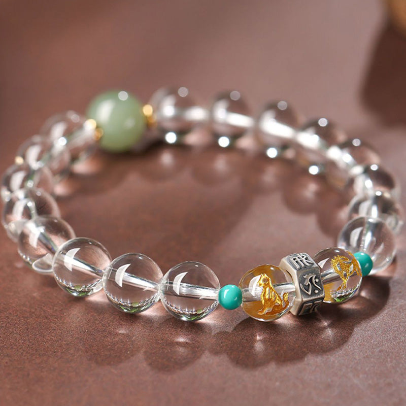 Nimara Ritual 925 Sterling Silver Chinese Zodiac Natal Buddha Auspicious Groups White Crystal Hetian Jade Healing Bracelet