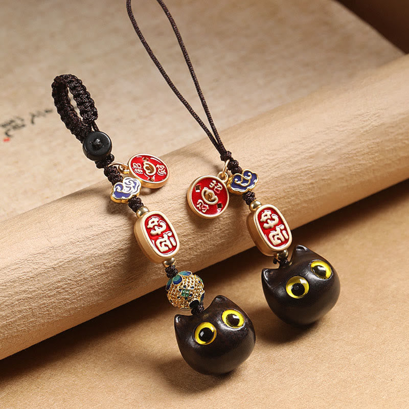 Nimara Ritual Ebony Wood Lucky Cat Auspicious Cloud Peace Key Chain Phone Hanging Decoration