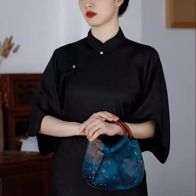 Nimara Ritual Handmade Jacquard Flower Blue Wooden Handle Handbag