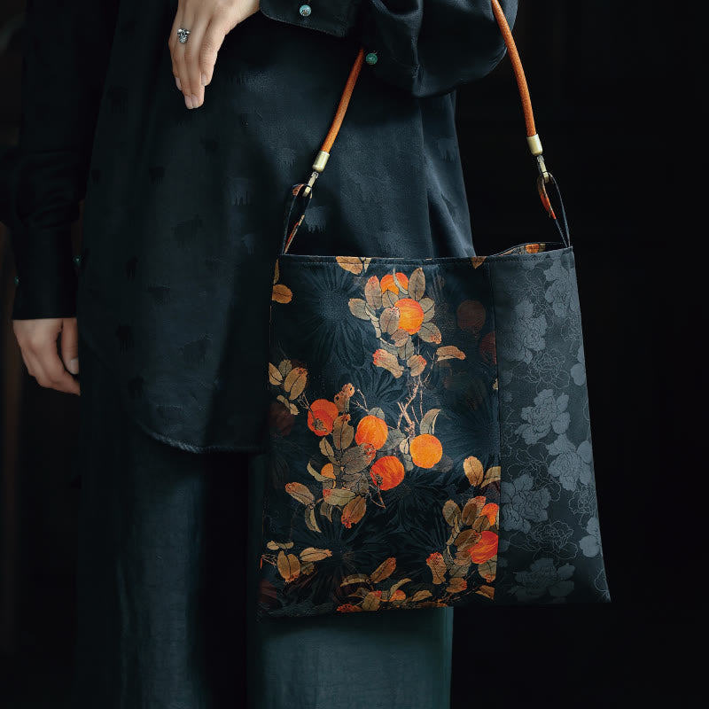 Nimara Ritual Bamboo Leaves Flower Butterfly Persimmon Shoulder Bag Handbag