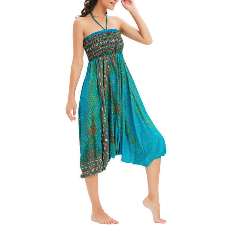 Nimara Ritual Two Style Wear Peacock Feather Loose Smocked Harem Trousers Jumpsuit High Waist Pants