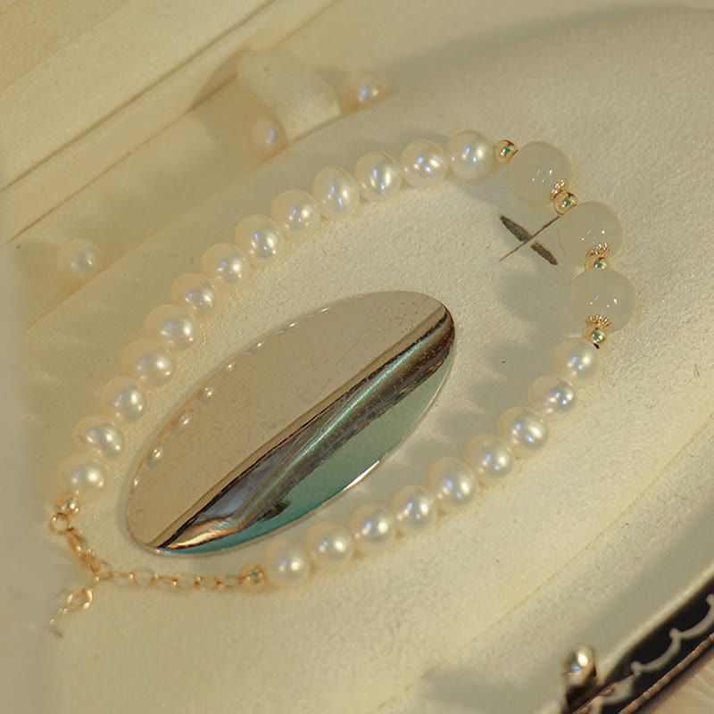 Nimara Ritual 14K Gold Plated Natural Pearl Hetian Cyan Jade White Jade Sincerity Bead Chain Bracelet