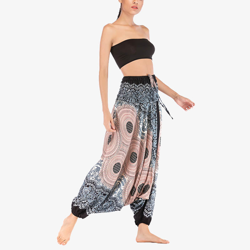 Nimara Ritual Two Style Wear Round Geometric Pattern Loose Smocked Harem Trousers Jumpsuit High Waist Women's Yoga Pants