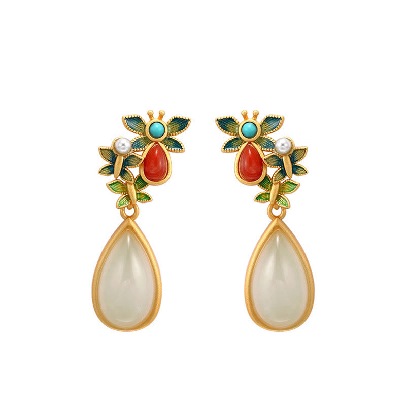 Nimara Ritual Water Drop White Jade Red Agate Butterfly Protection Drop Dangle Earrings