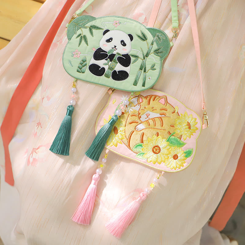 Nimara Ritual Embroidery Lucky Panda Cat Shiba Inu Deer Rabbit Fox Flower Cute Animal Hanfu Bag Crossbody Bag Shoulder Bag