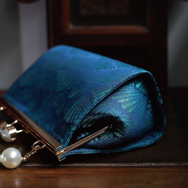 Nimara Ritual Vintage Peacock Blue Leaf Pattern Pearl Metal Handbag