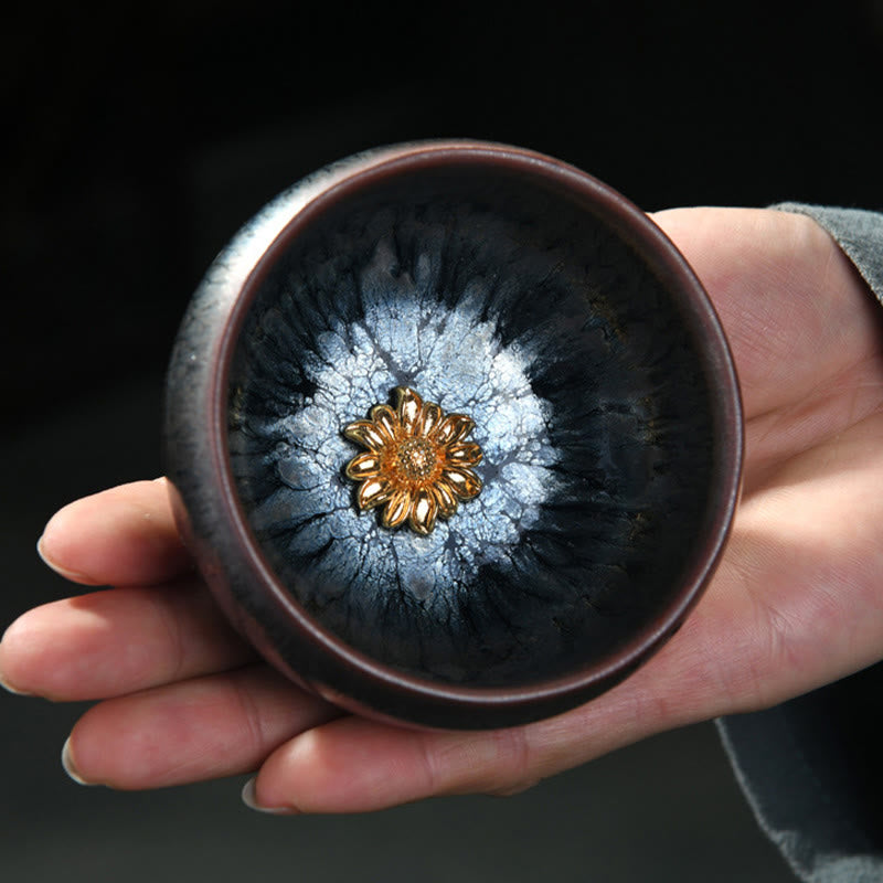 Nimara Ritual 24K Gold Inlaid Sunflower Chinese Jianzhan Glaze Kiln Change Ceramic Teacup Tenmoku Kung Fu Tea Cup