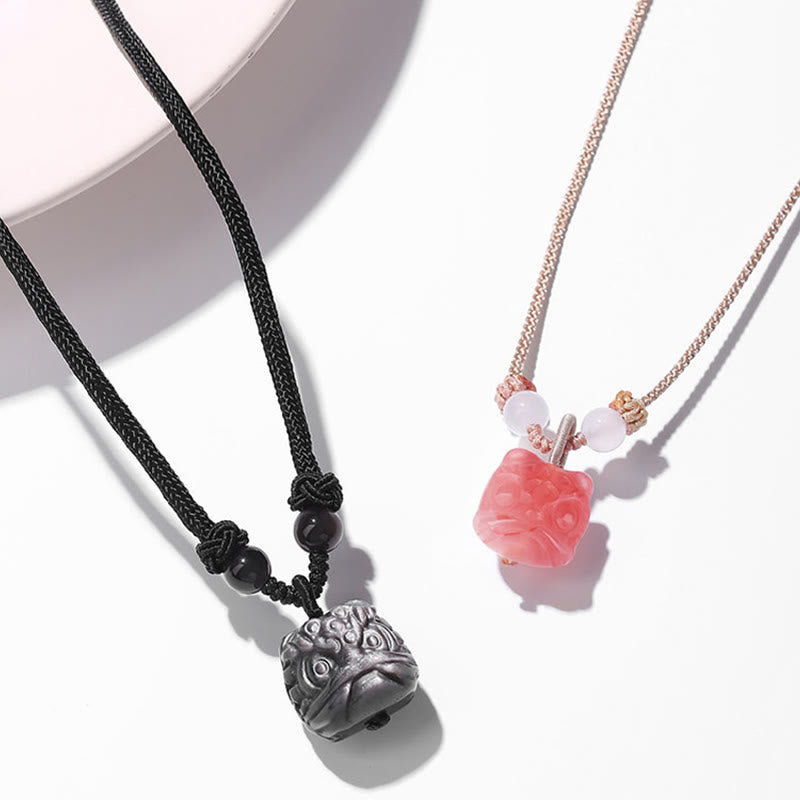 Nimara Ritual Natural Silver Sheen Obsidian Red Agate Dancing Lion Protection Necklace Pendant