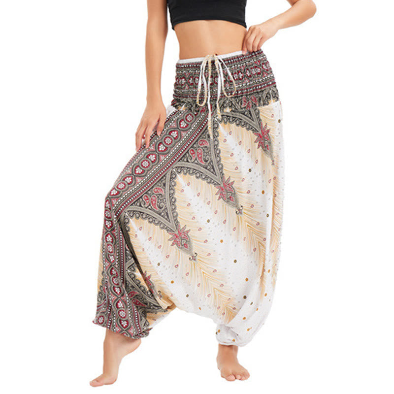Nimara Ritual Two Style Wear Peacock Feather Loose Smocked Harem Trousers Jumpsuit High Waist Pants