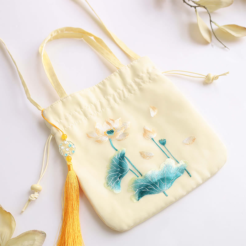 Nimara Ritual Lotus Peony Epiphyllum Phoenix Suzhou Embroidery Cotton Linen Tote Crossbody Bag Shoulder Bag Handbag