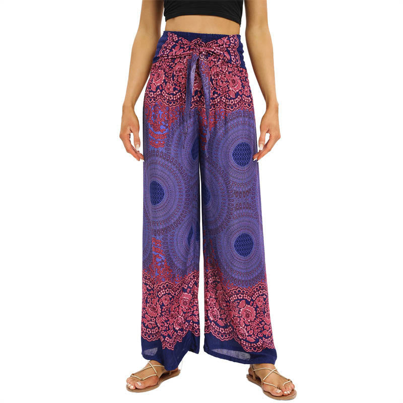 Nimara Ritual Bohemian Compass Flower Print Lace-up Wide Leg Pants Women's Yoga Pants