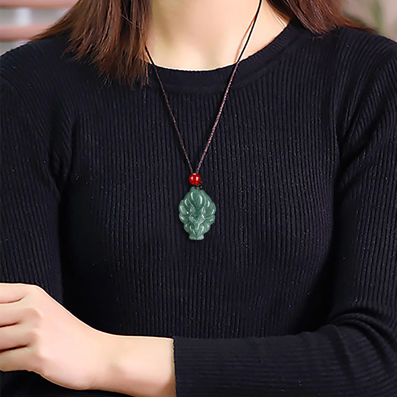 Nimara Ritual Natural Green Jade Nine Tailed Fox Luck Necklace Pendant