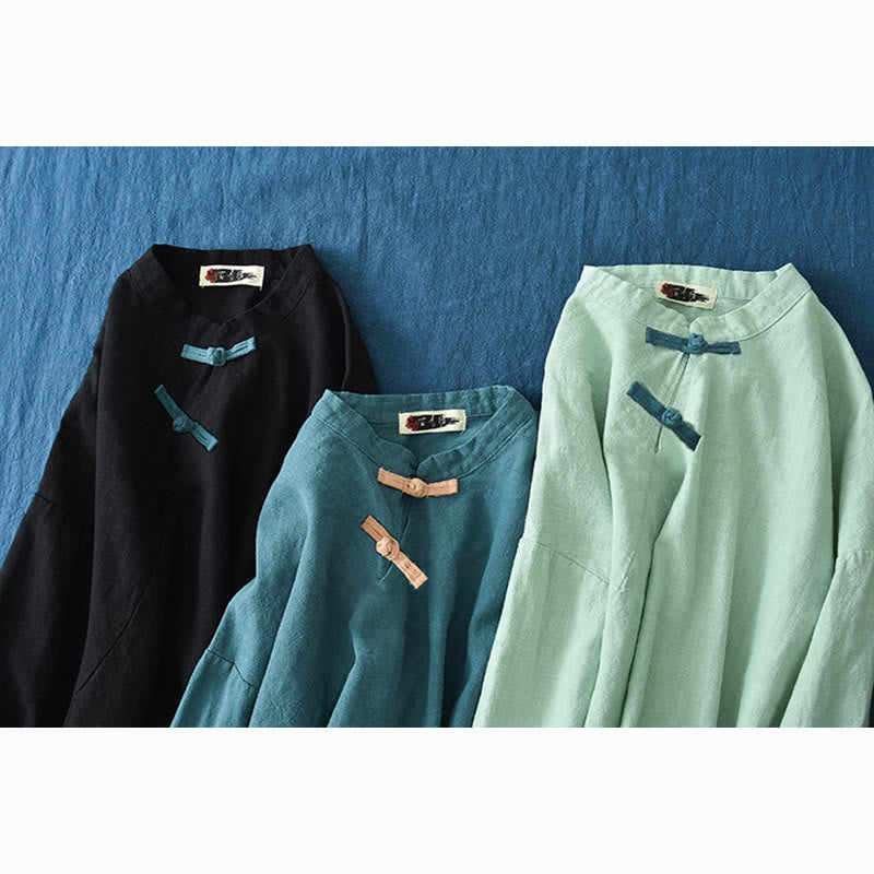Nimara Ritual Ramie Linen Loose Blouse Women Long Sleeve Shirt Chinese Hanfu Top