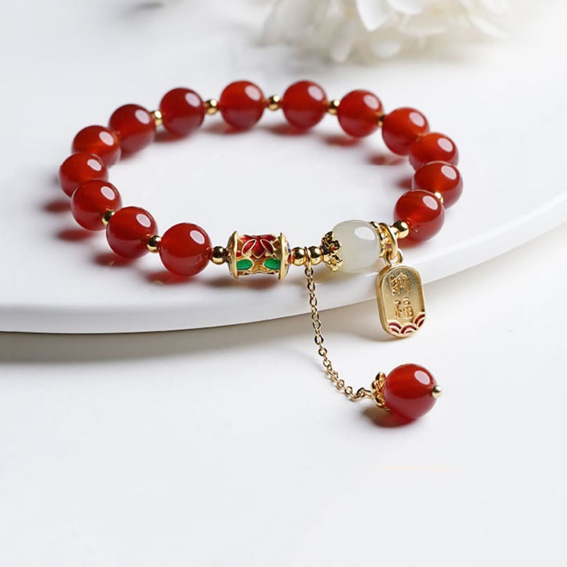 Nimara Ritual Natural Red Agate Hetian Jade Fu Character Confidence Charm Bracelet