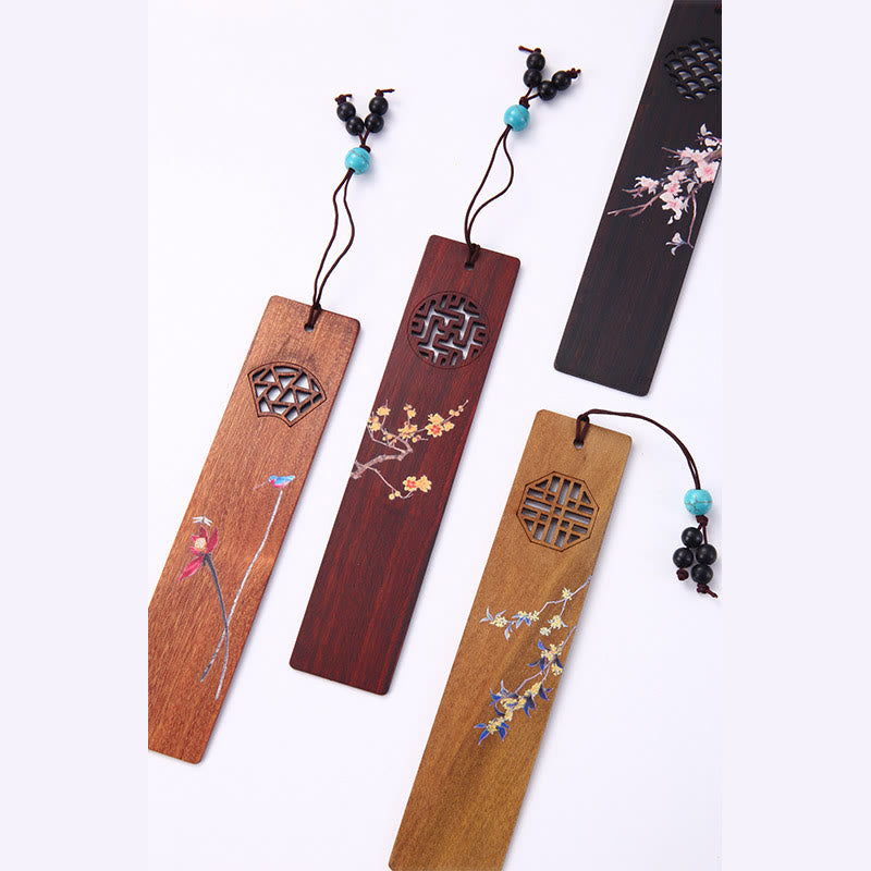Nimara Ritual 4Pcs Four Seasons Plum Orchid Bamboo Chrysanthemum Peking Opera Mask Wood Bookmarks With Gift Box