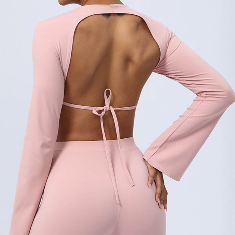 Nimara Ritual Long Sleeve Backless Strap Top Bra Flare Pants Fitness Yoga Outfit