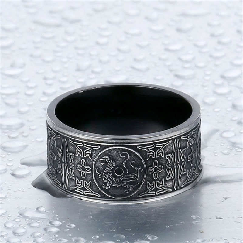 Nimara Ritual Four Guardian Beast Dragon White Tiger Suzaku Basalt Carved Success Luck Ring