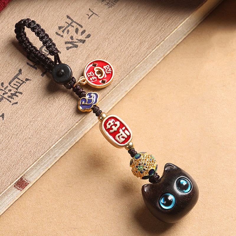 Nimara Ritual Ebony Wood Lucky Cat Auspicious Cloud Peace Key Chain Phone Hanging Decoration