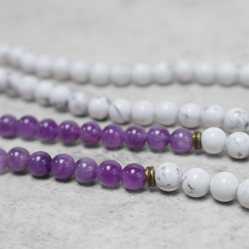 Nimara Ritual 108 Mala Beads Amethyst White Turquoise OM Healing Meditation Energy Bracelet