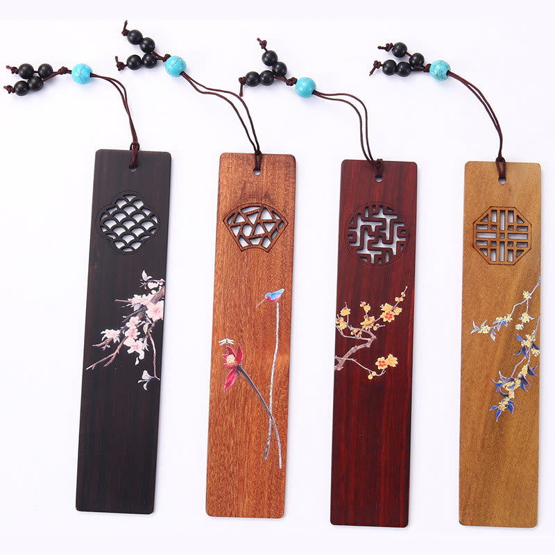 Nimara Ritual 4Pcs Four Seasons Plum Orchid Bamboo Chrysanthemum Peking Opera Mask Wood Bookmarks With Gift Box