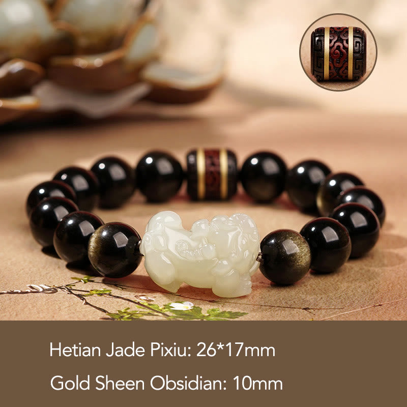 Nimara Ritual Natural Gold Sheen Obsidian Hetian Cyan Jade White Jade PiXiu Wealth Bracelet