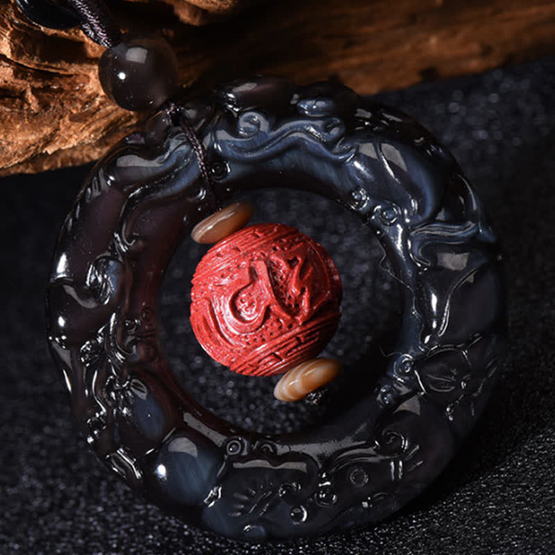 Nimara Ritual FengShui Natural Rainbow Obsidian PiXiu Cinnabar Healing Necklace Pendant
