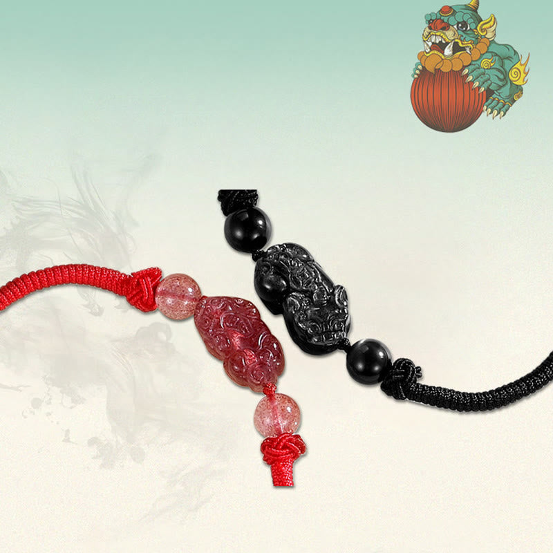 Nimara Ritual Handmade Natural Silver Sheen Obsidian Strawberry Quartz PiXiu Protection Braided Bracelet