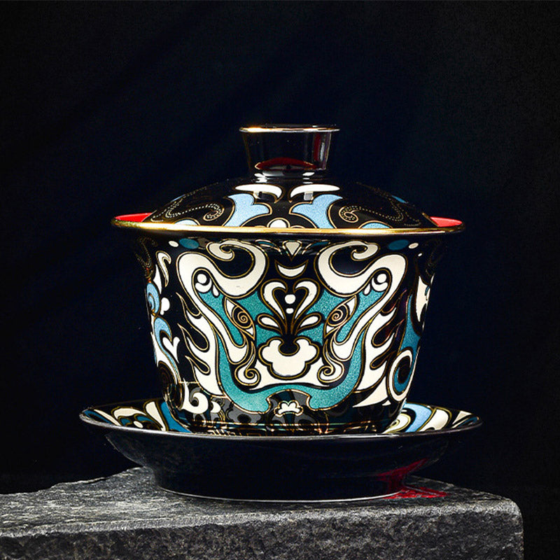 Nimara Ritual Peking Opera Mask Pattern Ceramic Gaiwan Sancai Teacup Kung Fu Tea Cup And Saucer With Lid Teapot