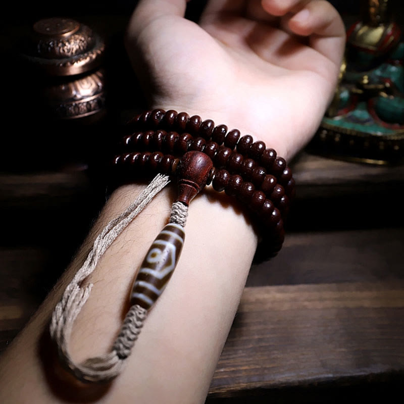 Nimara Ritual Natural Tibet 108 Mala Beads Purple Bodhi Seed Three-eyed Dzi Bead Copper Dorje Harmony Bracelet
