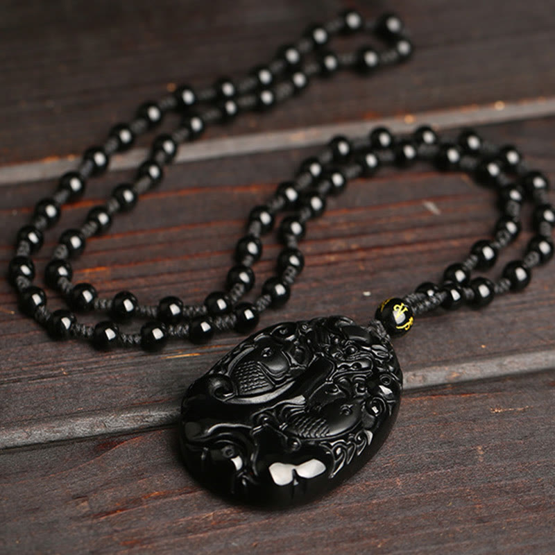 Nimara Ritual Black Obsidian Koi Fish Bead Rope Fulfilment Strength Necklace Pendant