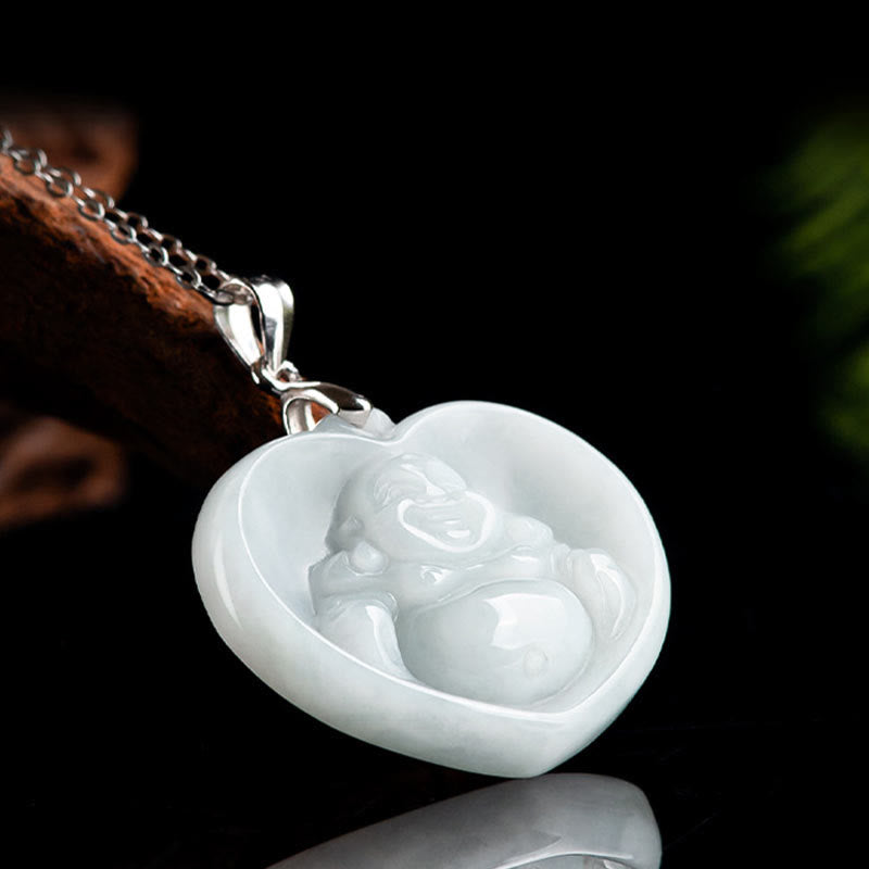 Nimara Ritual Laughing Buddha White Jade Luck Blessing Titanium Steel Chain Necklace Pendant