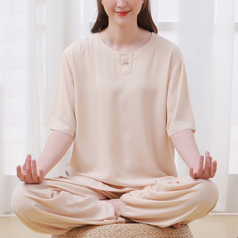 Nimara Ritual 2Pcs Half Sleeve T-Shirt Pants Meditation Zen Tai Chi Cotton Linen Clothing Unisex Set