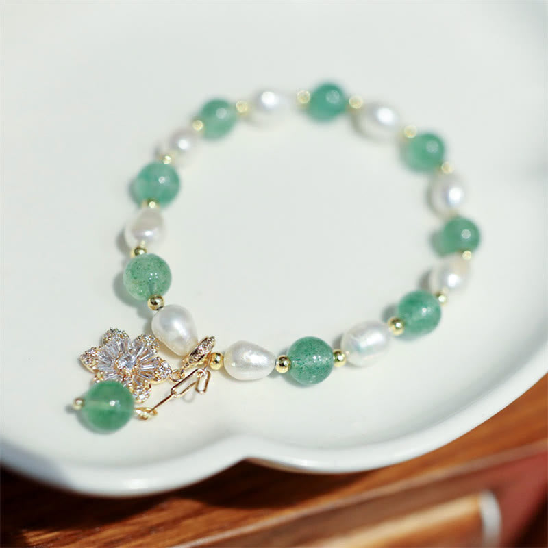 Nimara Ritual Natural Green Strawberry Quartz Pearl Flower Charm Love Bracelet