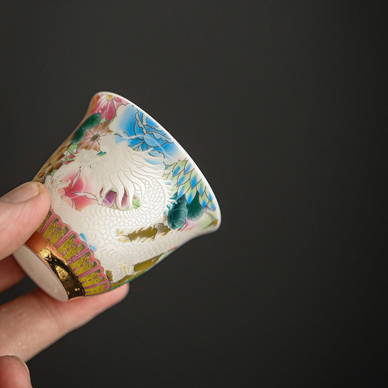 Nimara Ritual Dragon Phoenix Flowers Ceramic Teacup Kung Fu Tea Cup 50ml