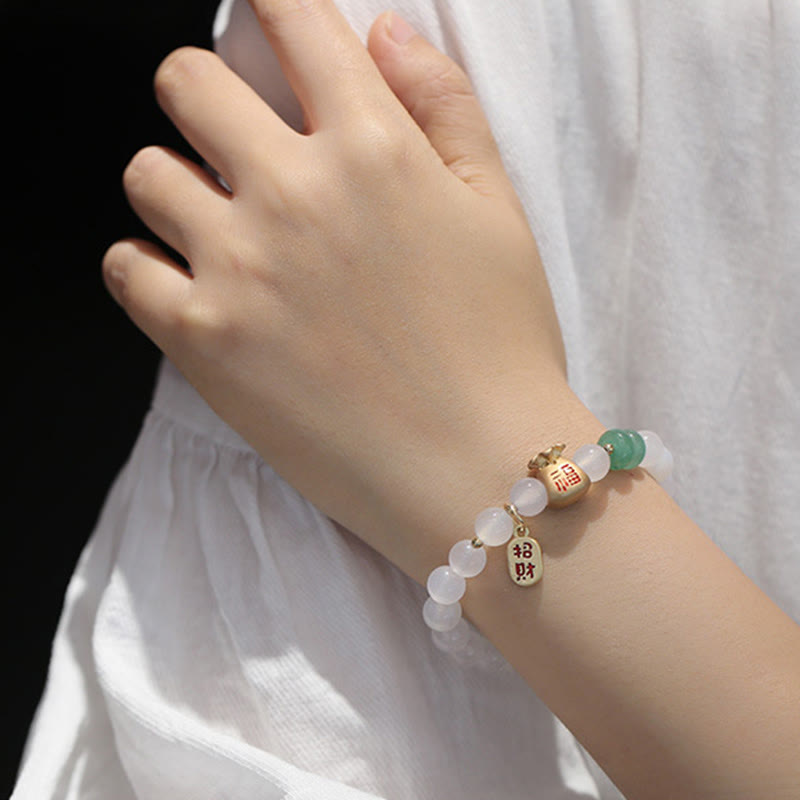 Nimara Ritual Natural White Agate Red Agate Money Bag Fu Character Four Leaf Clover Protection Bracelet