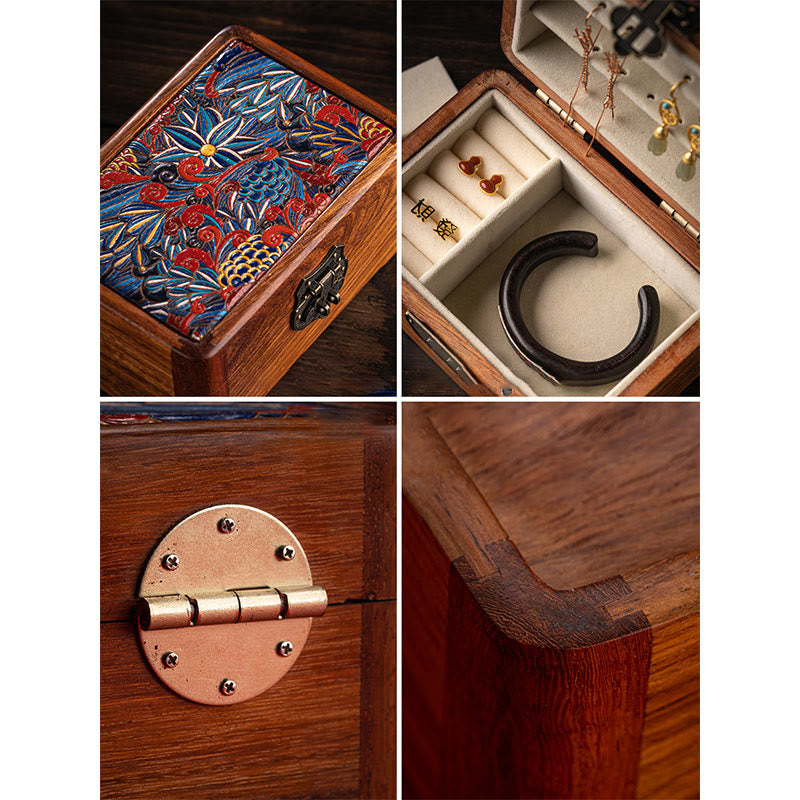 Nimara Ritual Retro Handmade Floral Pattern Rosewood Jewelry Storage Box Lockable Wooden Gift Organizer Box