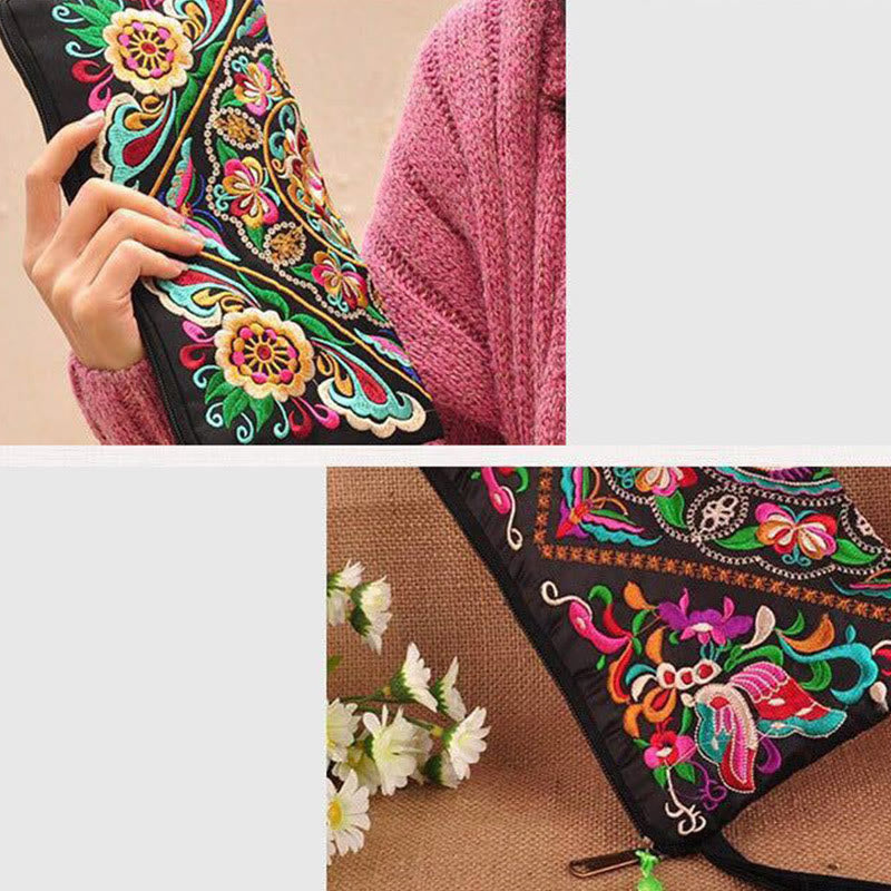 Nimara Ritual Dragon Butterfly Cosmos Flower Embroidery Wallet Shopping Purse