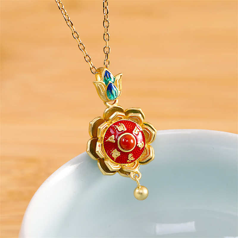 Nimara Ritual 925 Sterling Silver Tibet Lotus Prayer Wheel Red Agate Enlightenment Necklace Pendant
