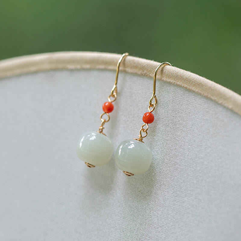 Nimara Ritual 925 Sterling Silver Plated 14k Gold Hetian Jade Red Agate Luck Drop Dangle Earrings